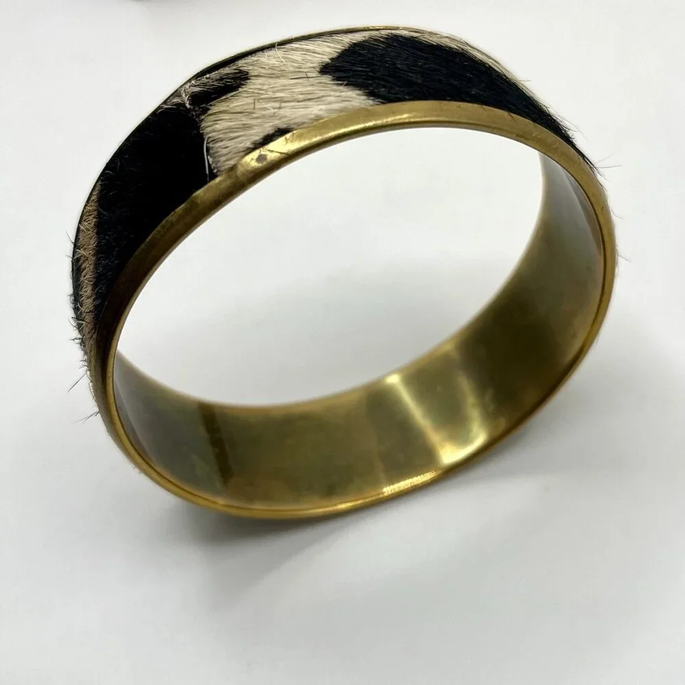Cowhide Hair On Bangle Bracelet Gold Tone Brass Boho Western Zebra Safari Retro